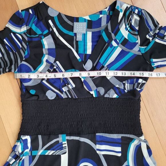 Vintage y2k geometric print blue v neck dress artsy unique‎ 2000s office - Picture 10 of 13